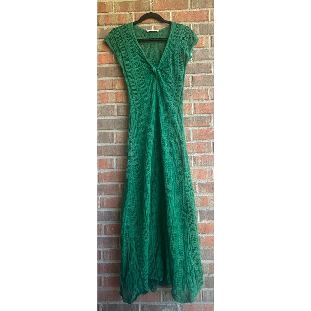Zara sz Small Knit Long Maxi Green Sleveless Dress V-Neck Line EUC